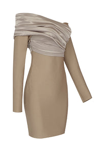 Khaki Off The Shoulder Long Sleeve Folds Bandage Dress - Chicida