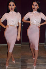 Lace Top Bodycon Striped Pencil Skirt Two Piece Bandage Dress - CHICIDA