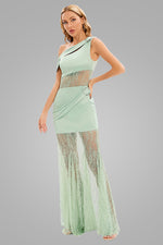 Lace Satin Buckled Off The Shoulder Asymmetric Maxi Dress