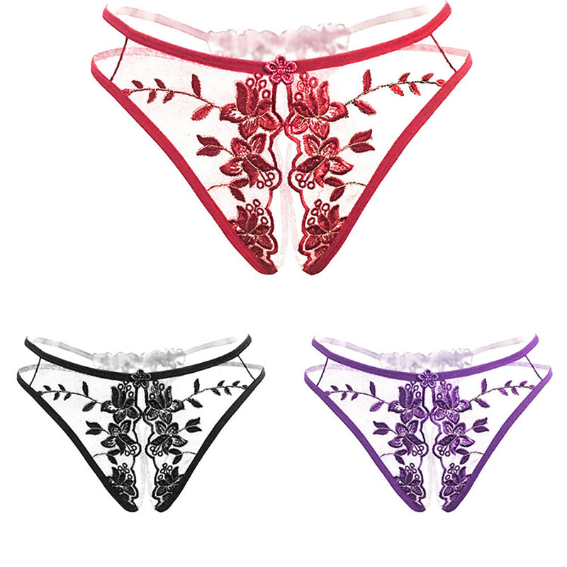 Ladies Sexy Flower Mesh Open Crotch Thong