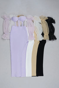Strapless Mesh Shiny Long Sleeve Maxi Bandage Dress In Black White Lavender Beige - Chicida