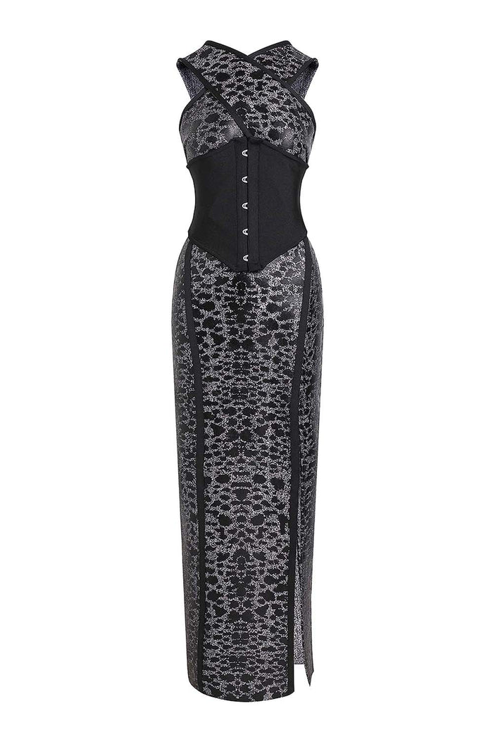 Leopard Printed Cross Tight Belt Maxi Dress