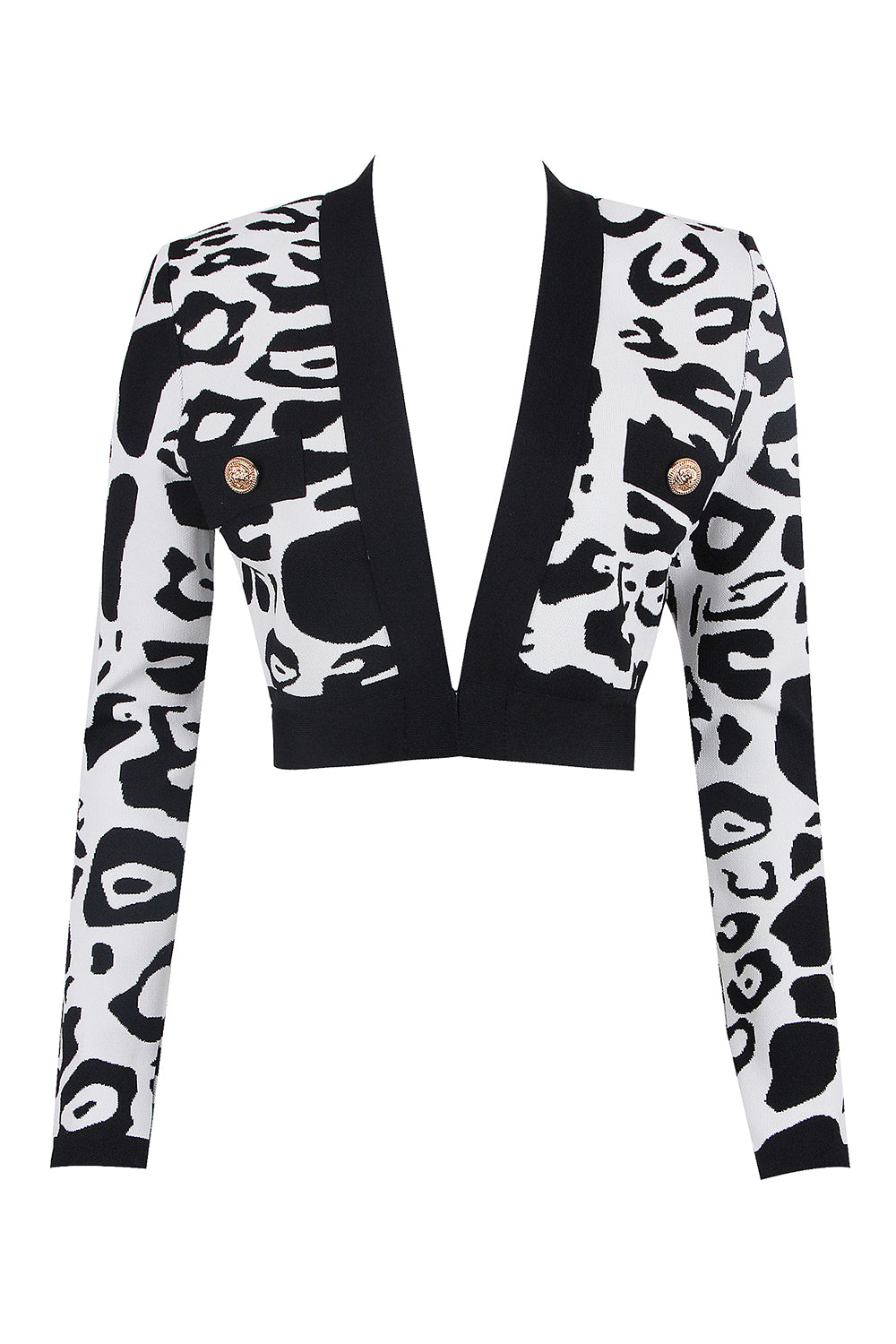 Leopard Print Deep V Short Bandage Jacket In Black - Chicida