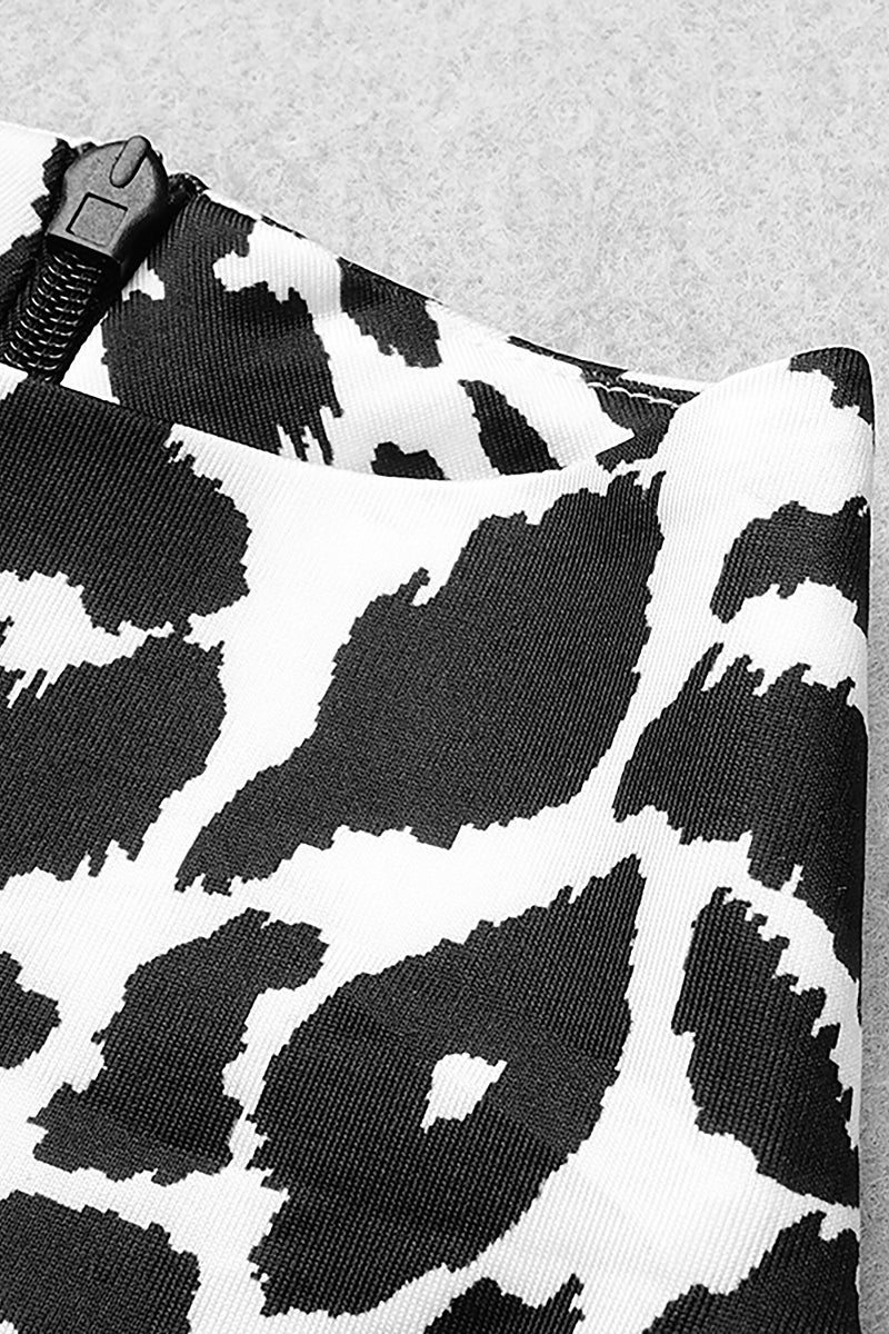Black White Leopard Print Long Sleeve Mini Dress - Chicida