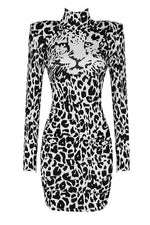 Black White Leopard Print Long Sleeve Mini Dress