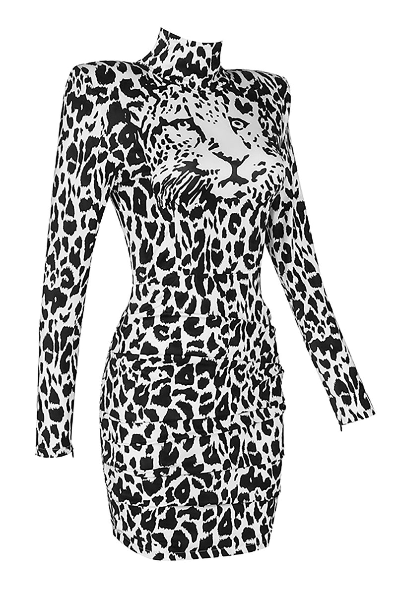 Black White Leopard Print Long Sleeve Mini Dress