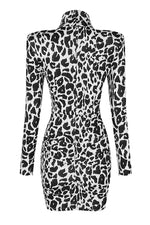 Black White Leopard Print Long Sleeve Mini Dress - Chicida