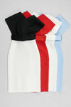 Off Shoulder V Neck With Belt Bodycon Dress In Black Red White Light Blue