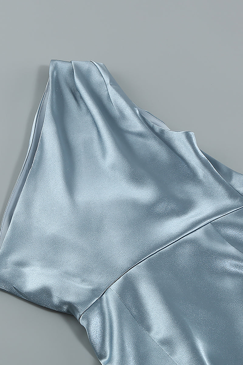 One Shoulder Asymmetric Silky Pendant Dress In Light Blue