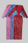 Long Sleeve Cutout Sequin Maxi Dress In Red Pink Blue