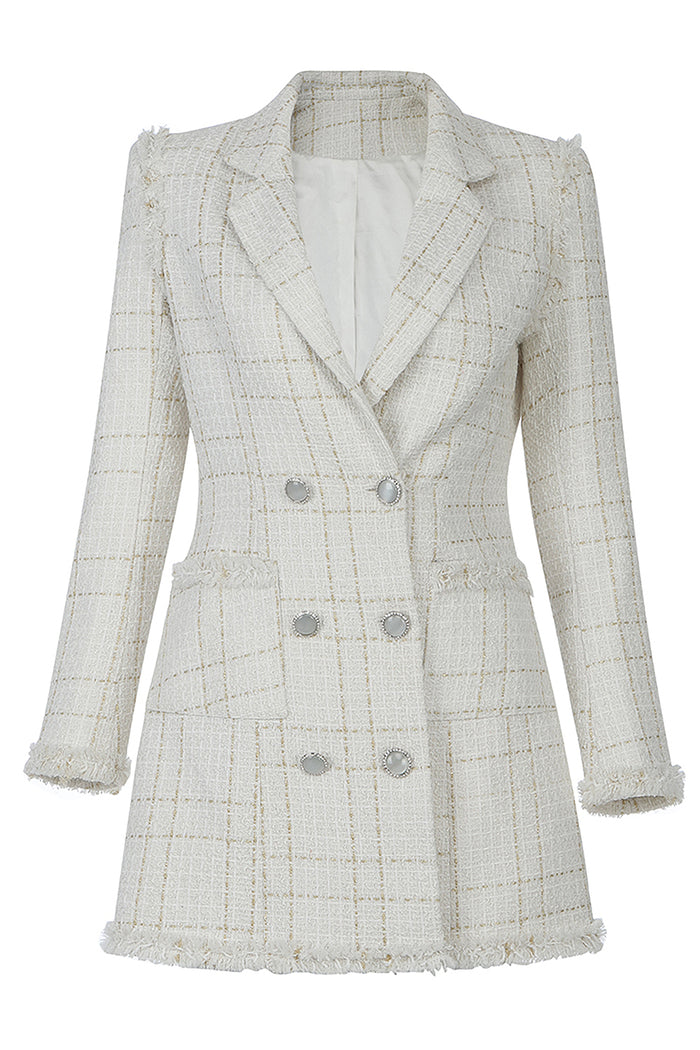 Long Sleeve V Neck Plaid White Blazer Dress - Chicida