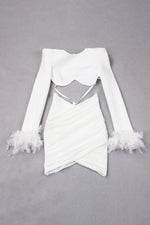 Long Sleeve Feather Trim Short Top Mini Skirt Bandage Skirt