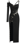 Black Long Sleeve Strappy Split Maxi Bandage Dress - Chicida