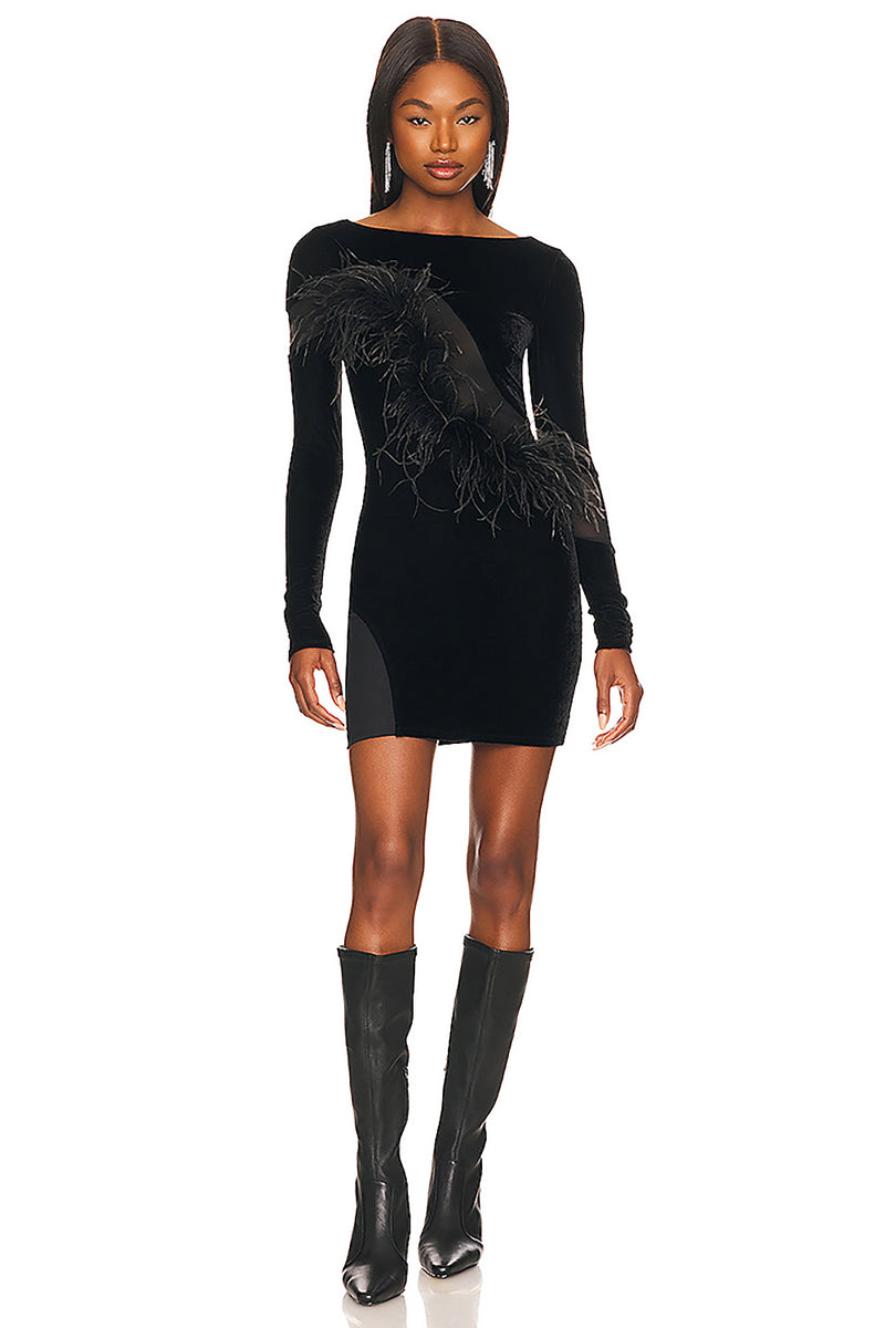 Chicida Beaded Cap Sleeves Feather Trim Cocktail Dress S / Black