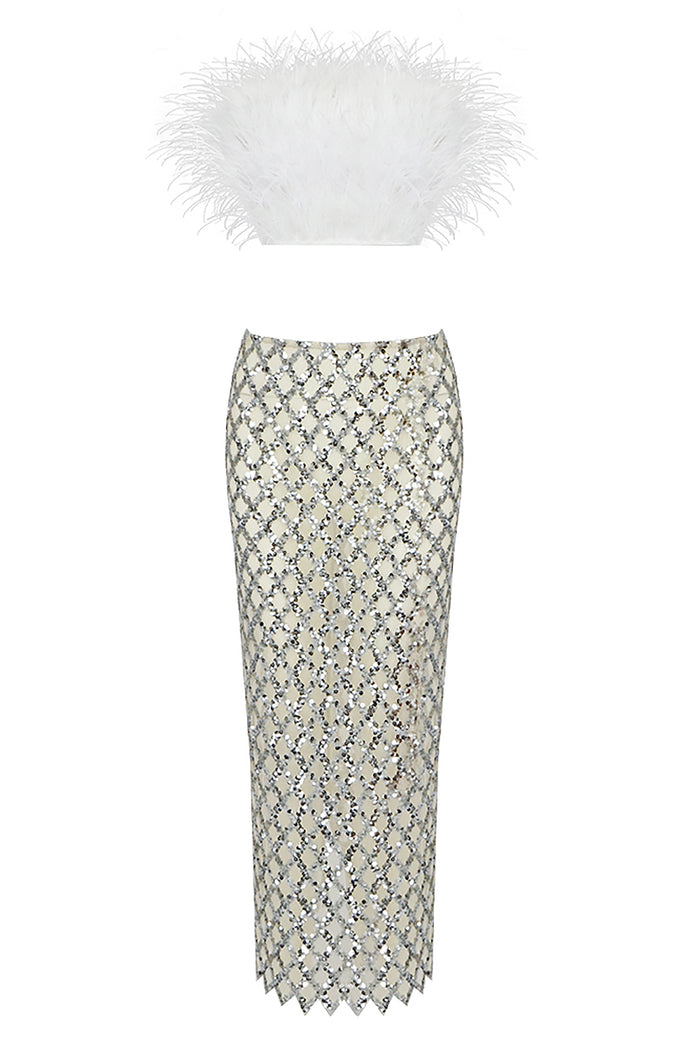 Luxury Strapless Feathered Tops And Sheer Sequins Midi Skirts