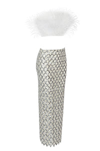 Luxury Strapless Feathered Top And Sheer Sequins Midi Skirt