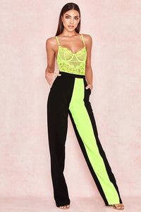 Neon Green Lace Bodysuits Black Pants Two Pieces Set - CHICIDA