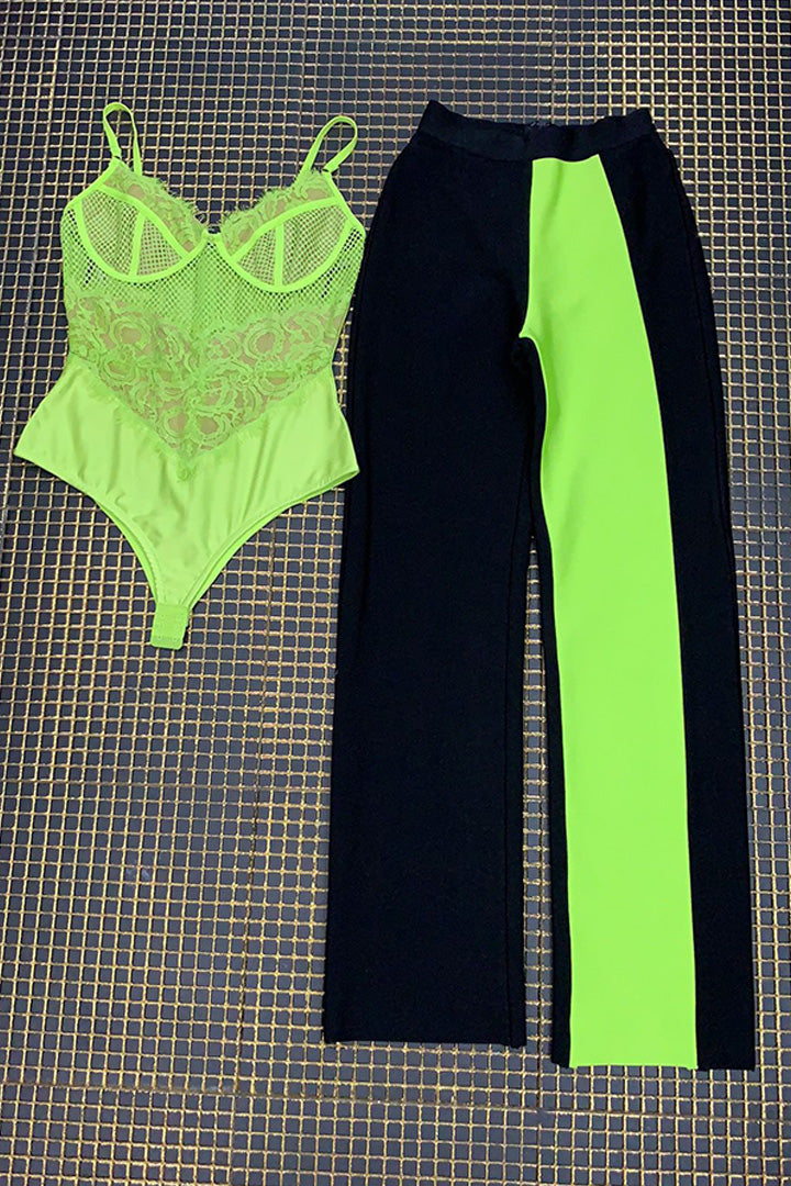 Neon Green Lace Bodysuits Black Pants Two Pieces Set - CHICIDA
