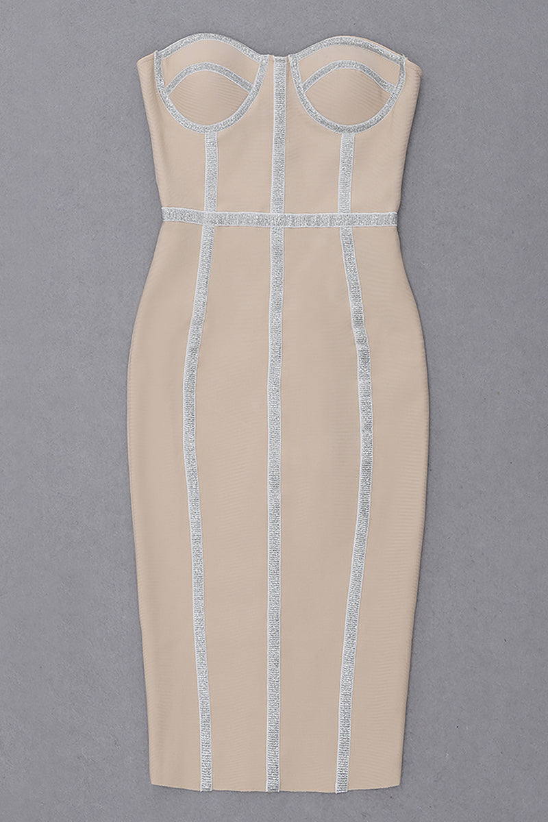Nude Strapless Shiny Midi Bandage Dress