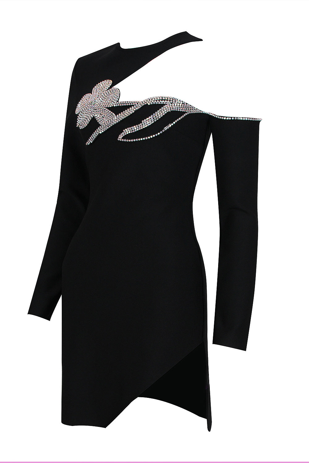 Mini robe à bandes florale en cristal découpée à manches longues et col rond en noir lavande