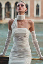 Off Shoulder Hanging Neck Glove Bodycon Draped Tulle Midi Dress