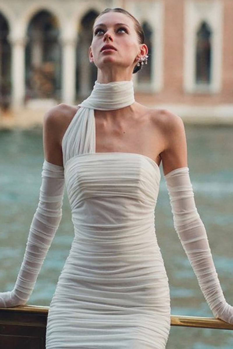 Off Shoulder Hanging Neck Glove Bodycon Draped Tulle Midi Dress