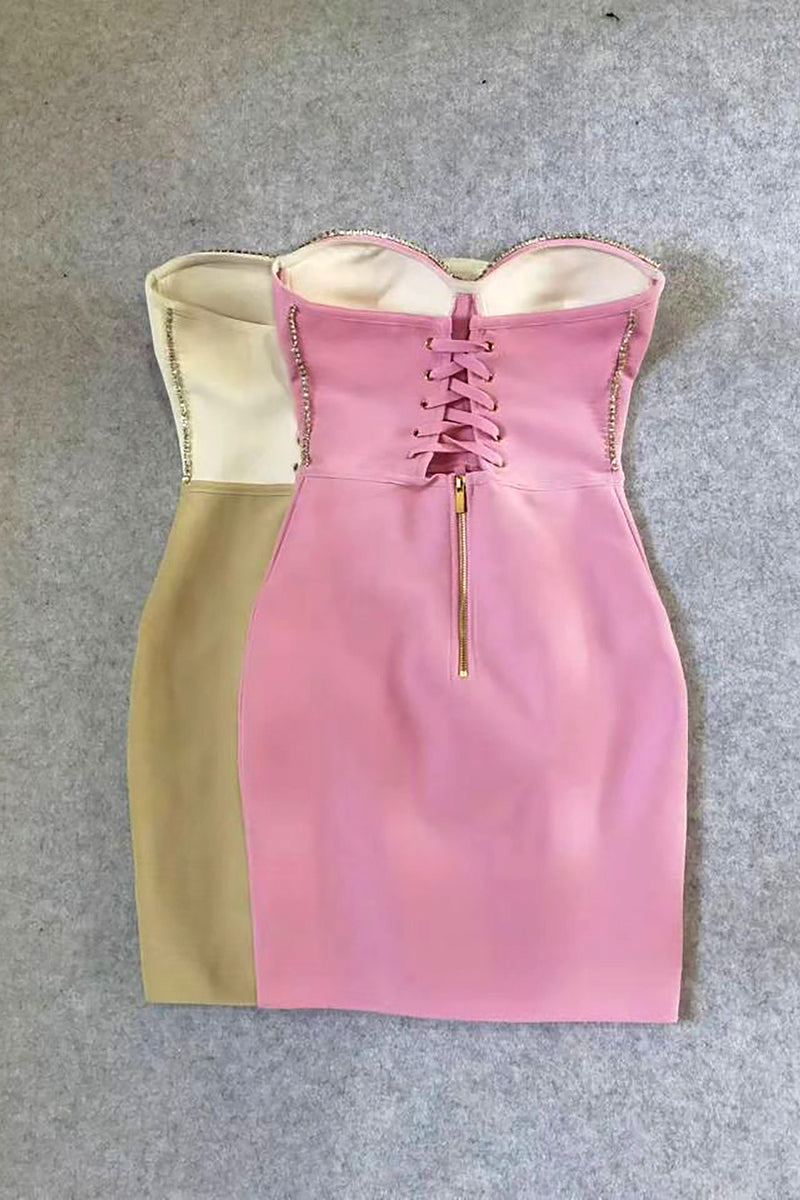 Strapless Shiny Crystal Mini Bandage Dress In Pink Beige