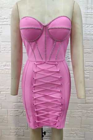 Strapless Shiny Crystal Mini Bandage Dress In Pink Beige - Chicida