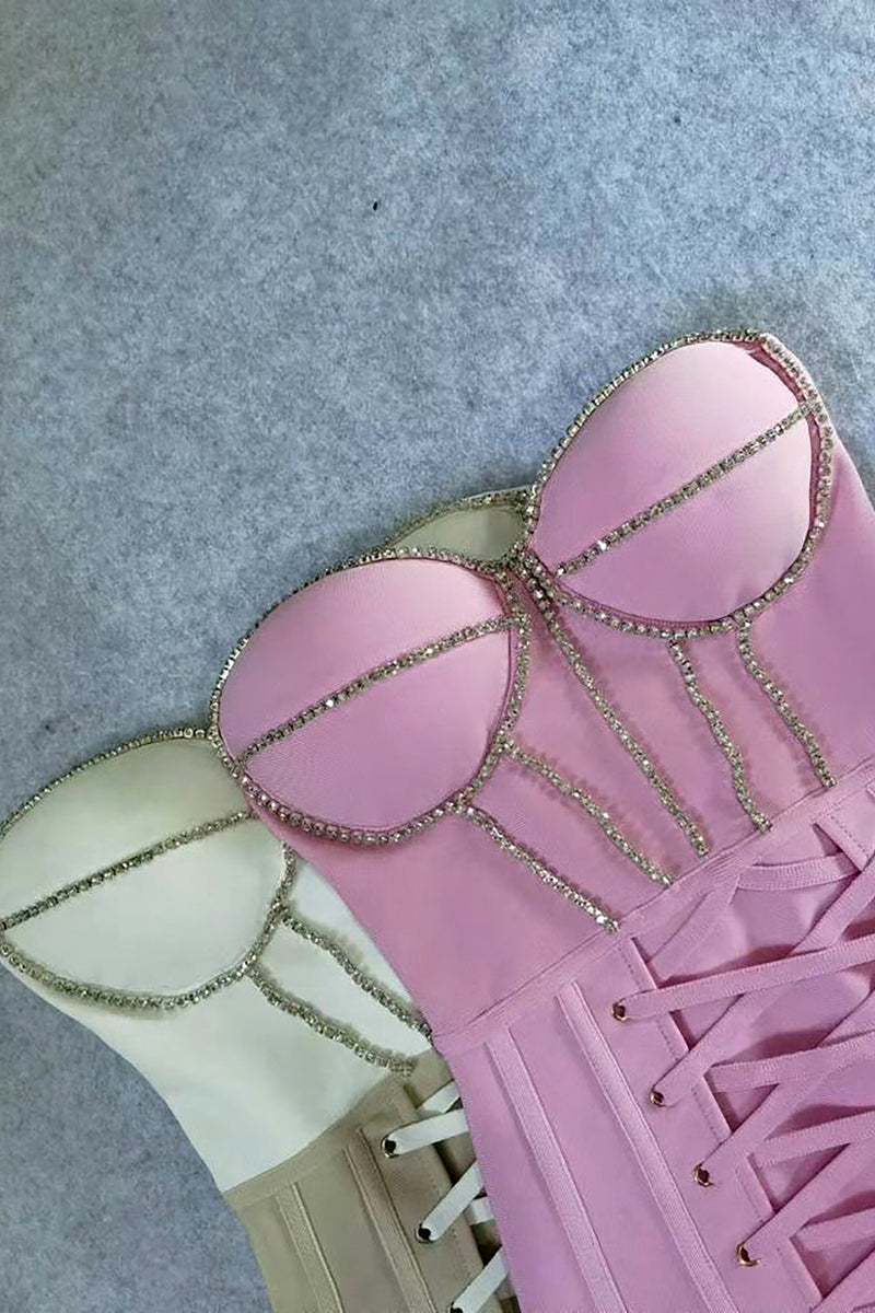 Strapless Shiny Crystal Mini Bandage Dress In Pink Beige
