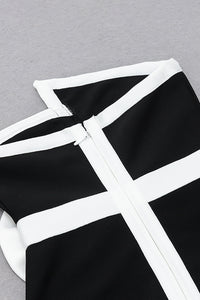 Mini robe à bandes noire, épaules dénudées, col oblique, nœud patchwork