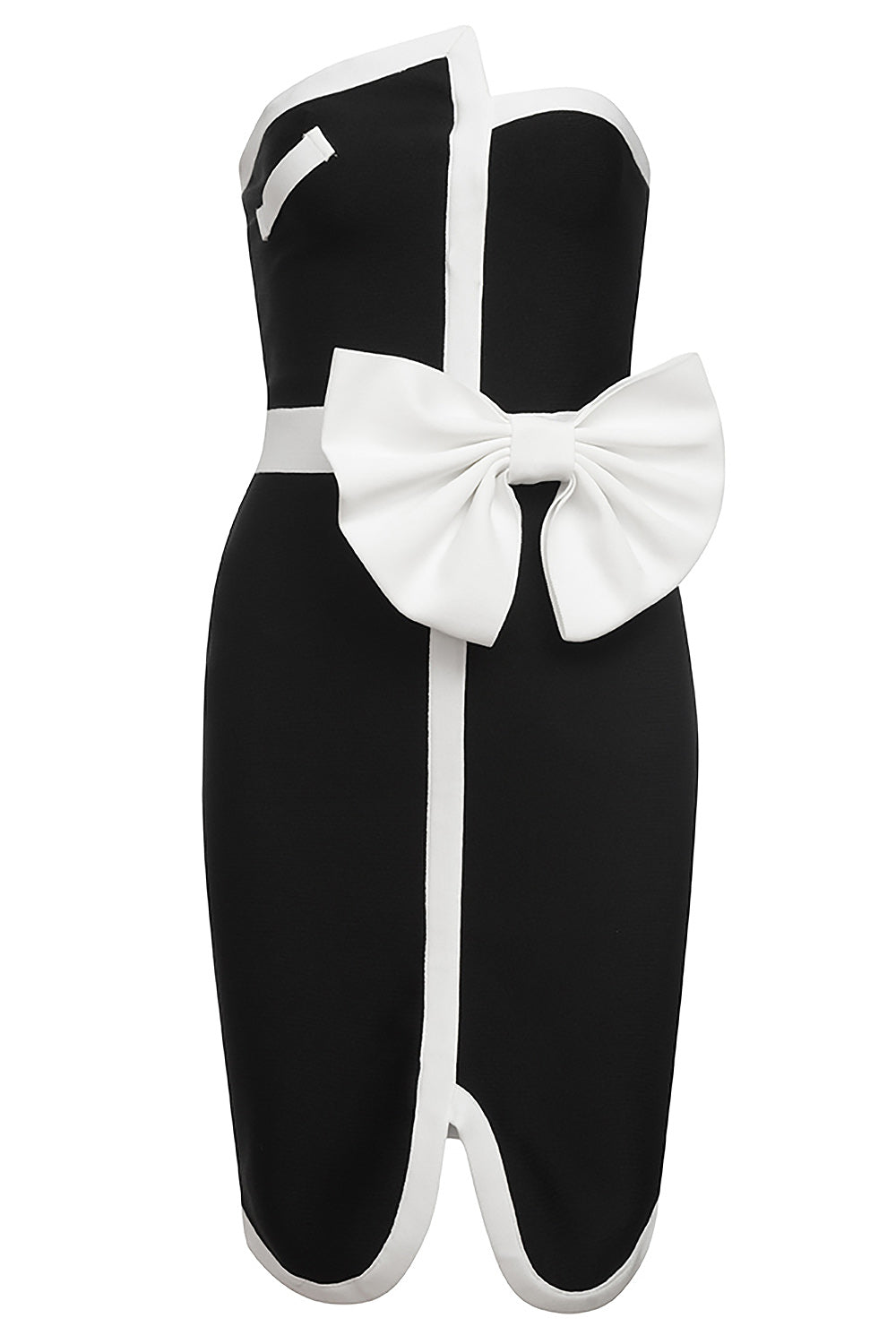 Mini robe à bandes noire, épaules dénudées, col oblique, nœud patchwork
