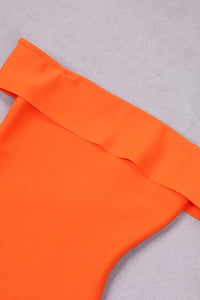 Robe bandage mi-longue sirène sans bretelles à épaules dénudées en orange noir