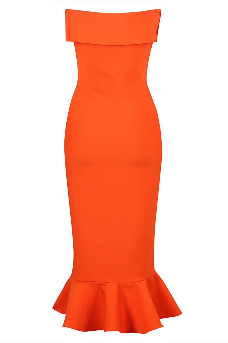 Off Shoulder Strapless Mermaid Midi Bandage Dress In Orange Black