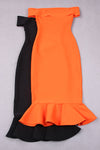 Off Shoulder Strapless Mermaid Midi Bandage Dress In Orange Black