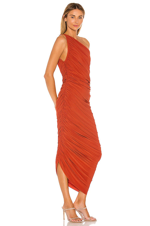 One-Shoulder Pleated Mesh Maxi Dress In Red