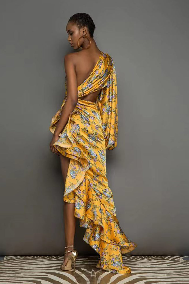 One-Shoulder Printed Ruffles Asymmetrical Maxi Dress In Yellow Lavender Red