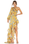 One-Shoulder Printed Ruffles Asymmetrical Maxi Dress In Yellow Lavender Red
