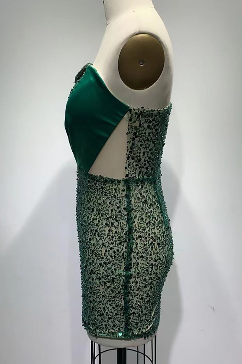 One Shoulder Crystal Embellished Mini Dress In Green