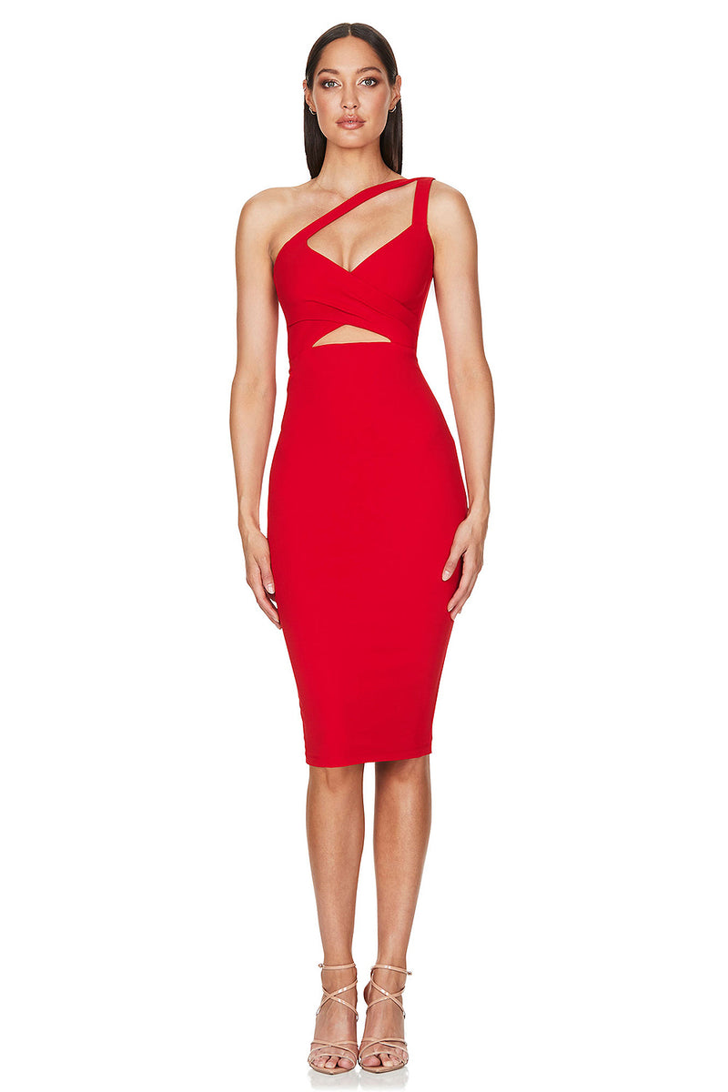 One Shoulder Hollow Out Bandage Dress In Black Red White
