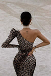 One Shoulder Leopard Print Split Midi Dress - Chicida