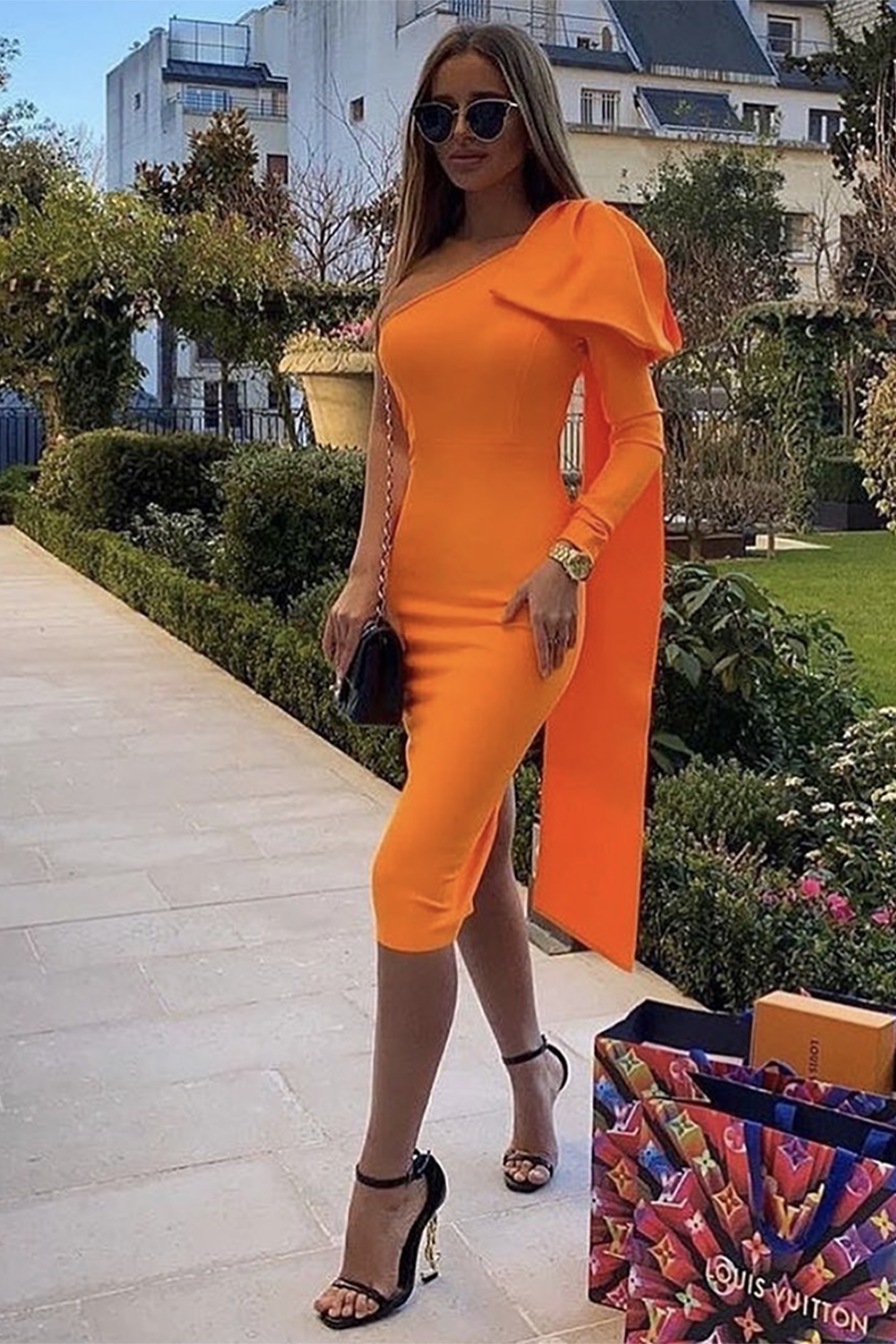 One Shoulder Long Sleeve Orange Bandge Dress - Chicida