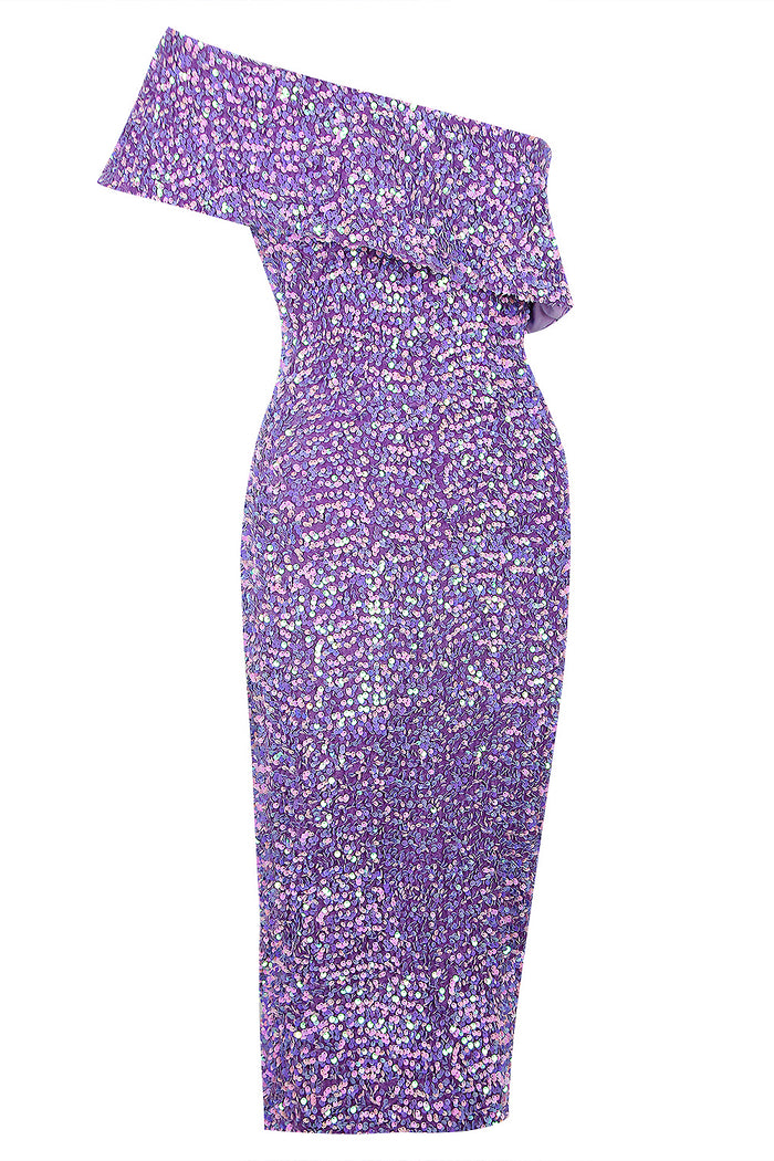 One Shoulder Sequin-Trim Dress In Pink Lavender Blue