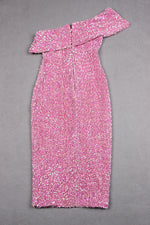 One Shoulder Short Sleeves Backless Sequin Dress Fashion In Pink Lavender Blue