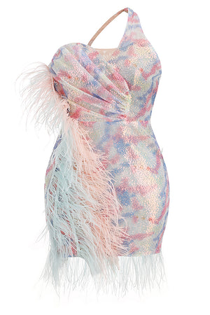 Luxury One Shoulder Feather Sequin Mini Dress
