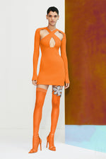 Orange Criss Cross Long Sleeve Backless Bandage Dress