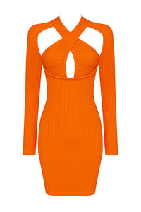 Orange Criss Cross Long Sleeve Backless Bandage Dress - Chicida