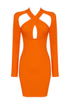 Orange Criss Cross Long Sleeve Backless Bandage Dress - Chicida