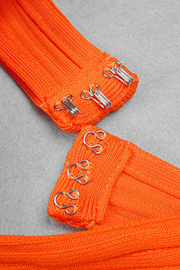 Robe longue croisée ajourée manches longues dos nu fendue orange