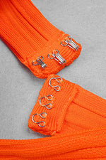 Orange Cross Hollow Out Long Sleeves Backless Split Maxi Dress