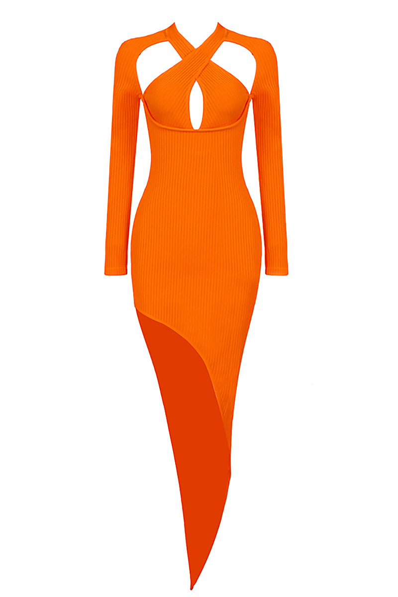 Orange Cross Hollow Out Long Sleeves Backless Split Maxi Dress
